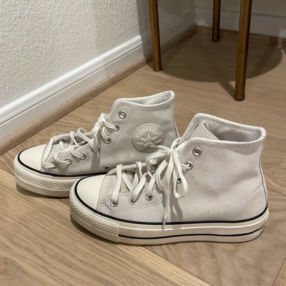Suede grey platform Converse high tops, fleece lined